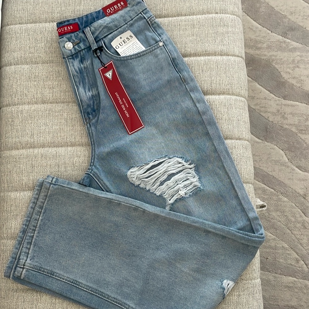 New-Guess “Jessalyn” High-Rise Destroyed Straight Jeans, Light Destroyed Wash